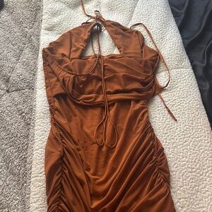 Oh Polly Brown Halter Ruched Cocktail Dress